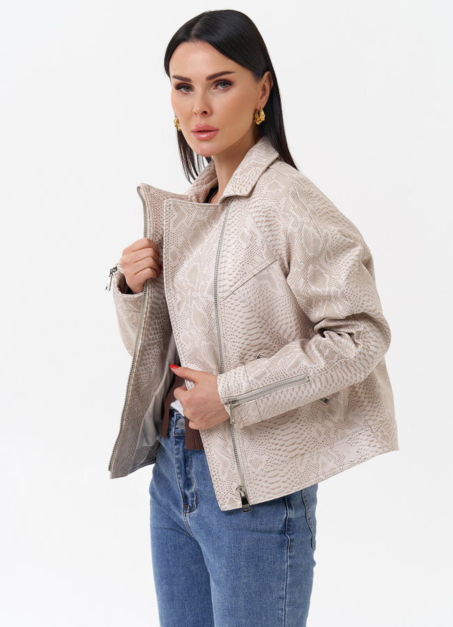 Светлая куртка из натуральной кожи с принтом змея модель № 4443 универмаг малина