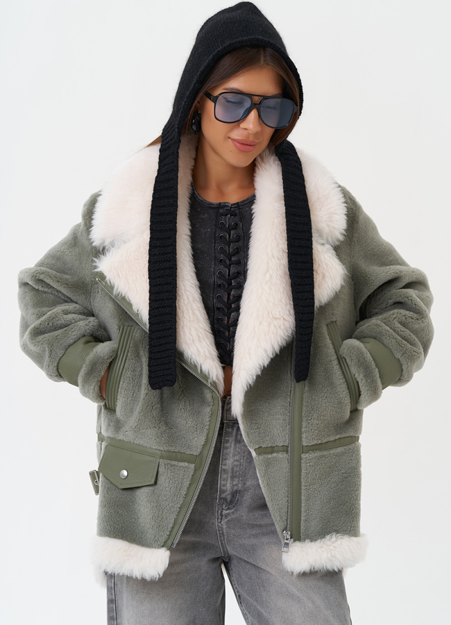 Эко дубленка с английским воротником модель № 28536 меха малина