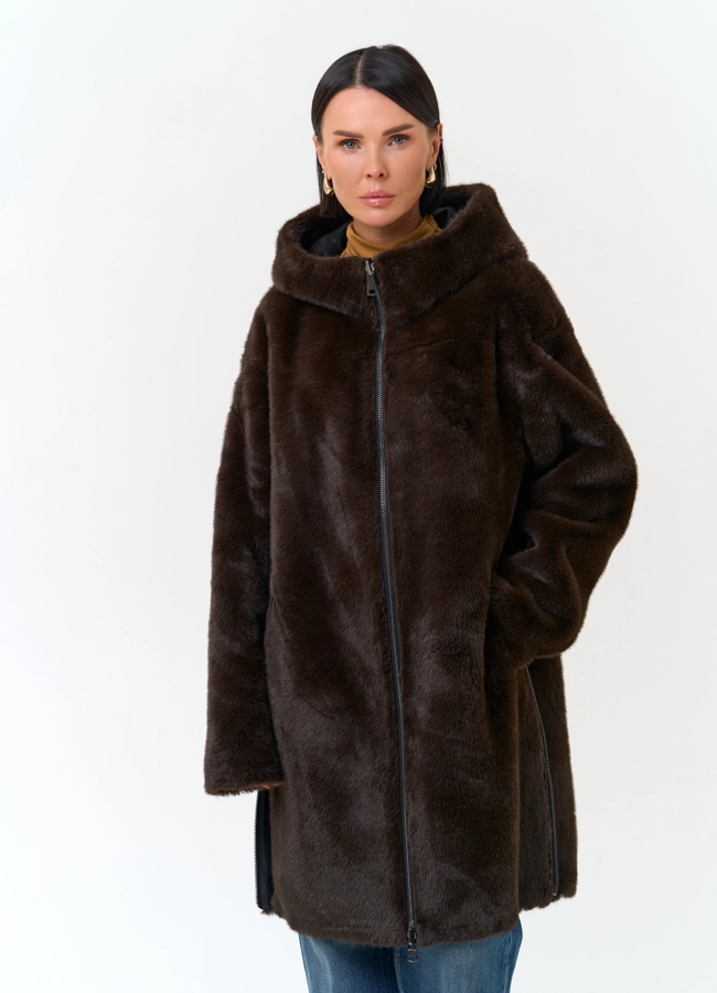 Женская дубленка из эко замши модель № 33916 универмаг малина