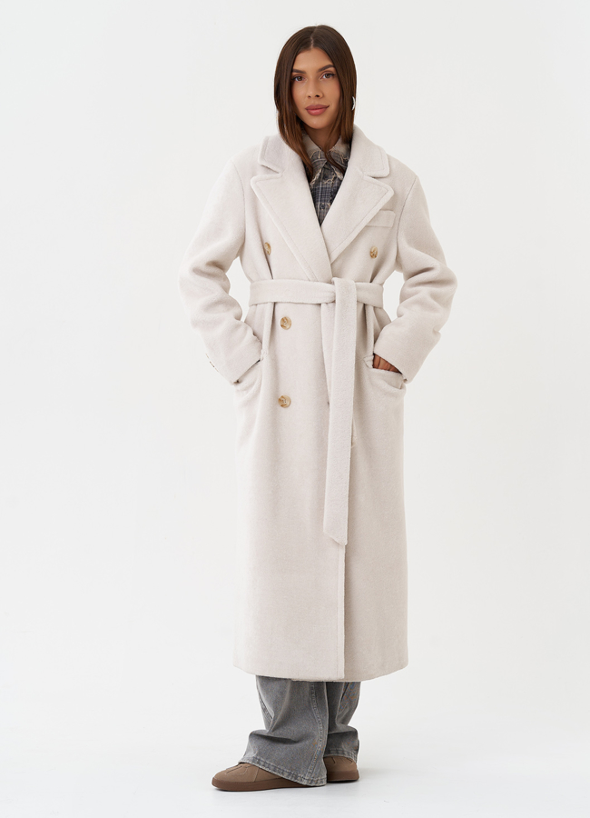 Длинное пальто из шерсти с английским воротником модель № 28537 меха малина