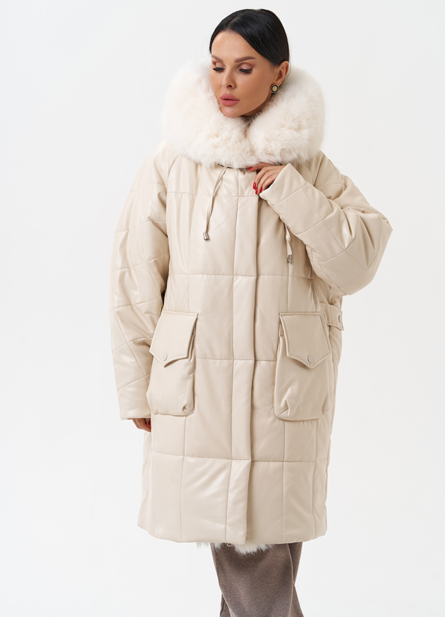 Пуховик из эко кожи с капюшоном из эко меха  модель № 27711 универмаг малина