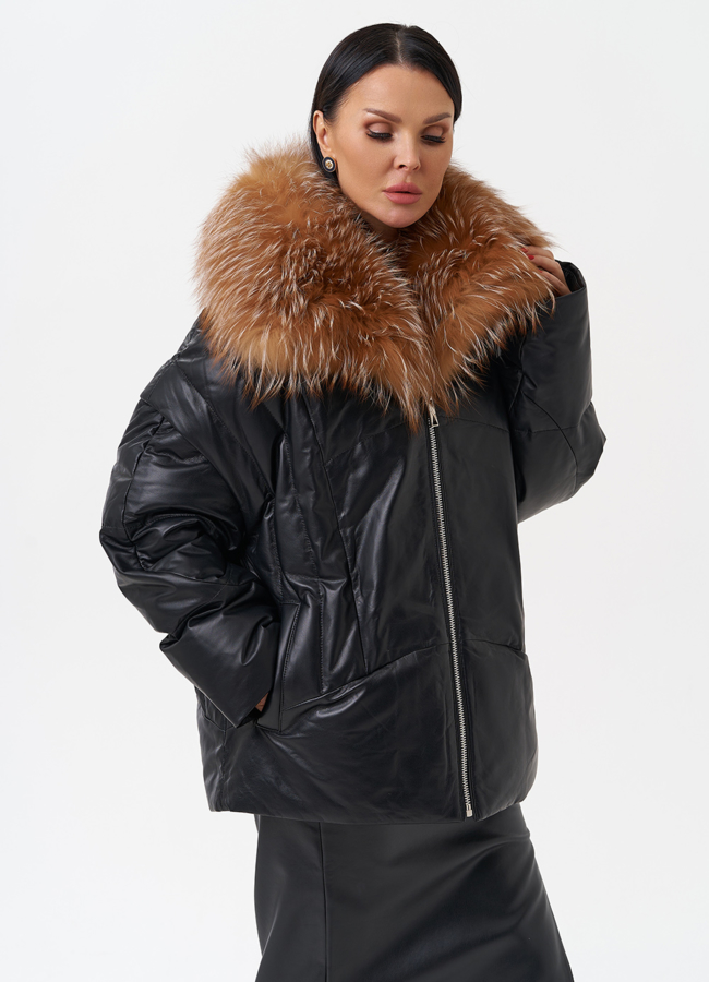 Женский кожаный пуховик с отделкой из натурального меха модель № 28911 в рассрочку
