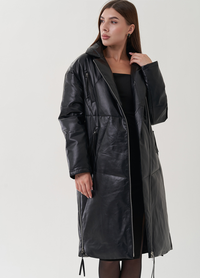 Пуховик женский из эко кожи с английским воротником модель № 25466 универмаг малина