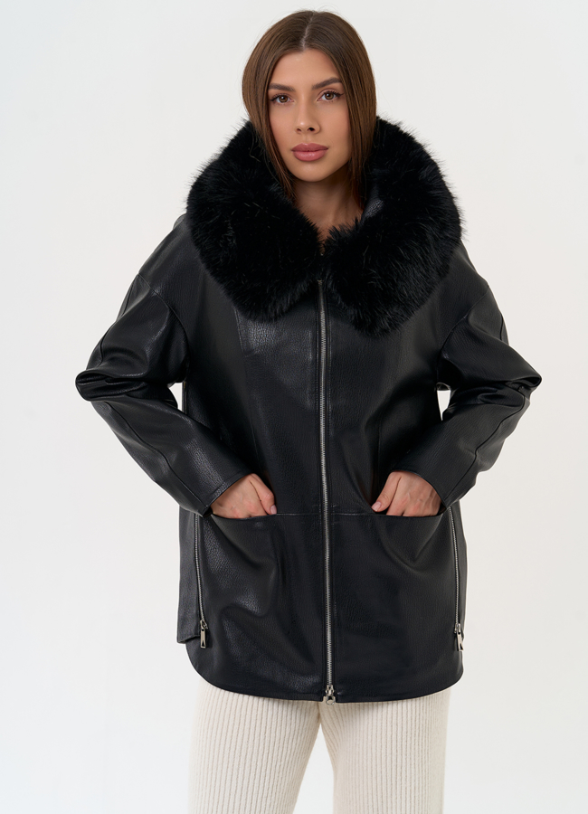 Женская утепленная куртка из эко кожи с капюшоном из эко меха модель № 31495 меха малина