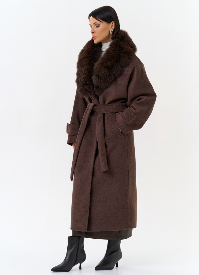 Женское утепленное пальто с отделкой из меха песца модель № 32005 в рассрочку