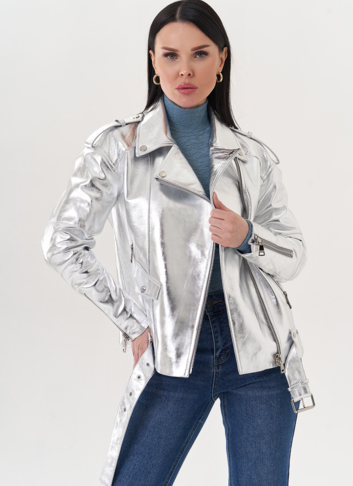 Куртка "косуха" из натуральной кожи под серебро