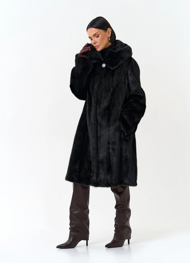 Черная норковая шуба с капюшоном модель № 26158 универмаг малина фото