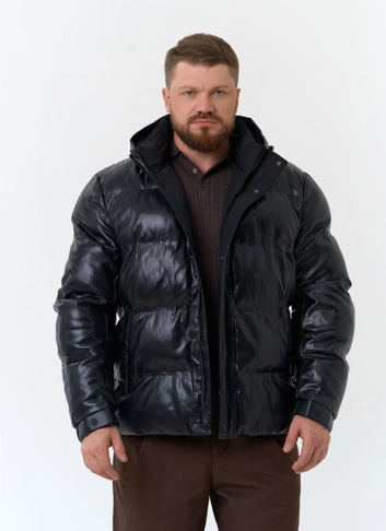 Мужской пуховик из эко кожи с капюшоном фото
