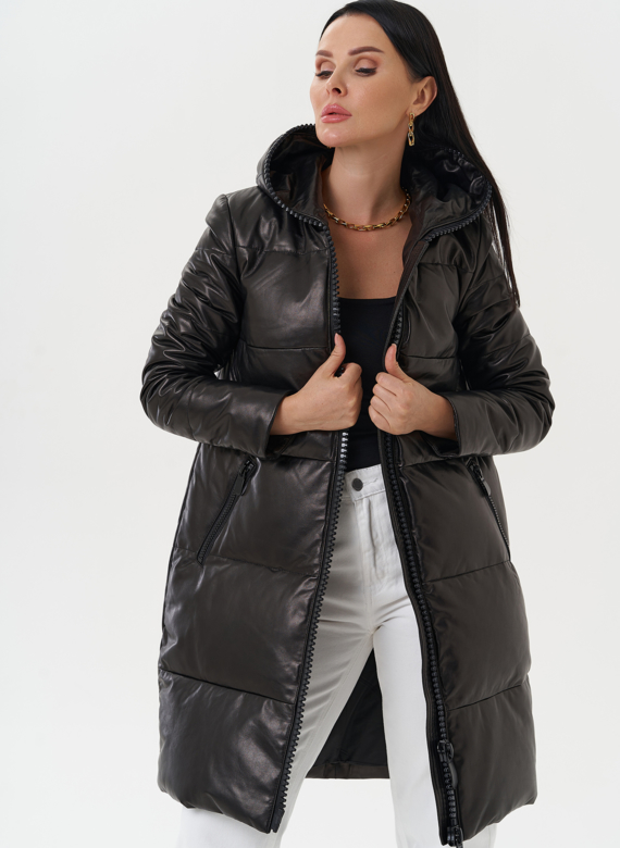 Кожаный пуховик с капюшоном