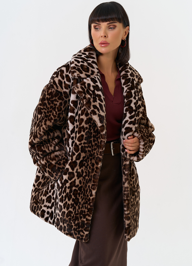 Женская шуба из эко меха с анималистическим принтом модель № 31278 универмаг малина