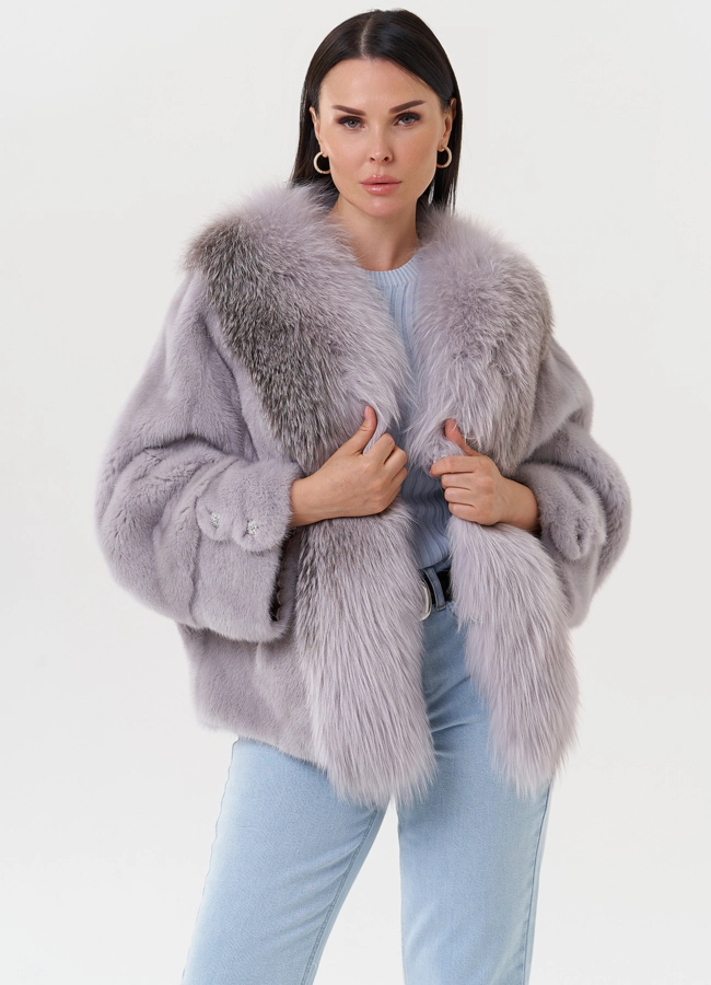 Укороченная норковая шуба с чернобуркой модель № 27585 меха малина