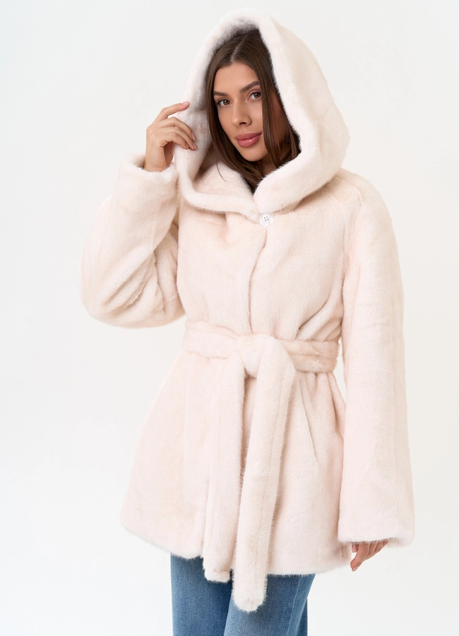 Женская шуба из эко меха с капюшоном модель № 31247 меха малина