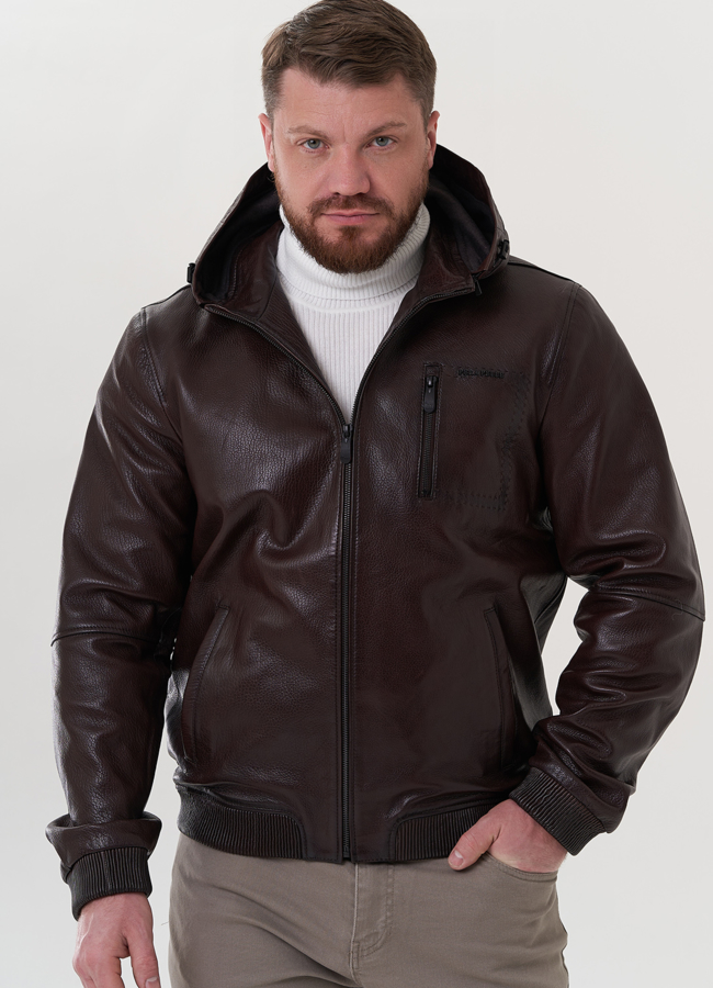 Куртка с капюшоном из натуральной кожи модель № 26704 меха малина