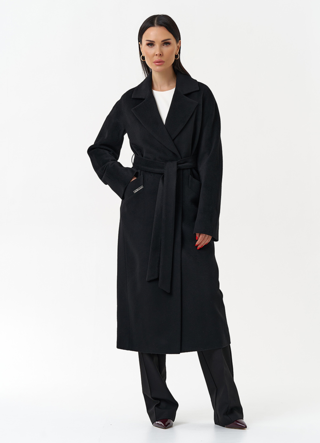 Классическое женское пальто в черном цвете модель № 21307 меха малина