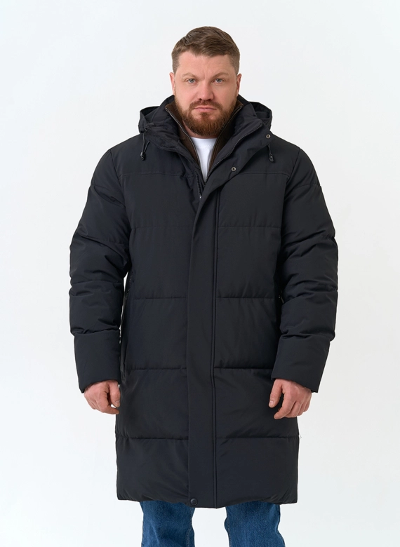 Удлиненный мужской пуховик с капюшоном фото