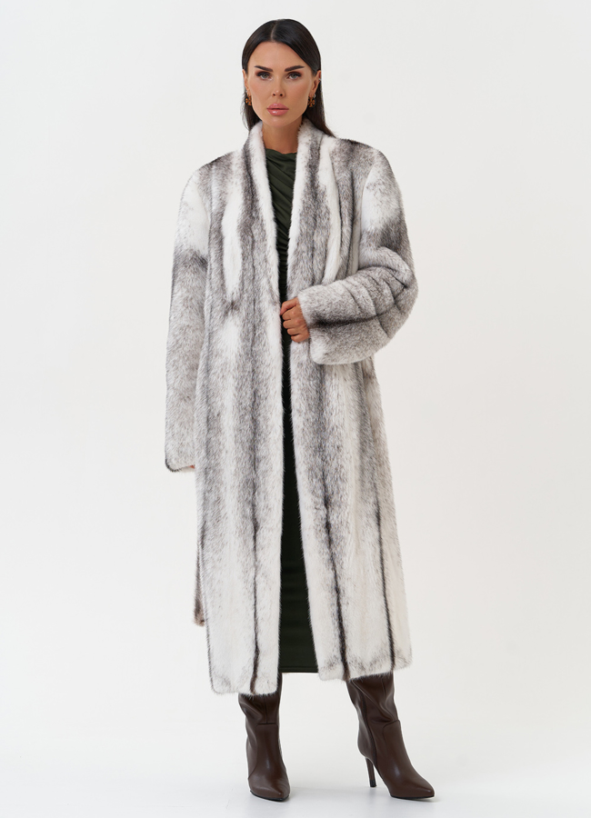 Длинная шуба из норки крестовки модель № 31320 универмаг малина