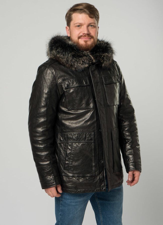 Мужской пуховик из натуральной кожи с капюшоном и отделкой из енота модель № 21923 меха малина