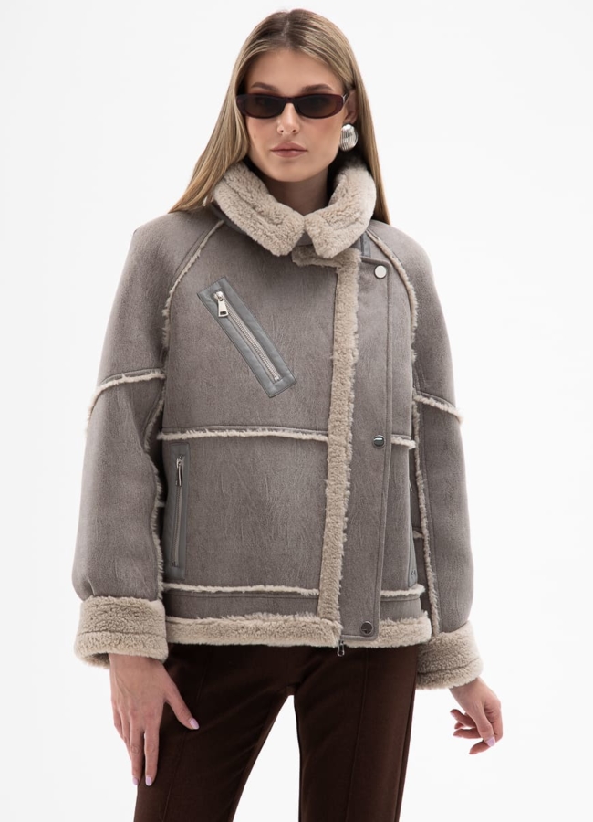 Женская короткая дубленка из эко кожи  модель № 31867 меха малина