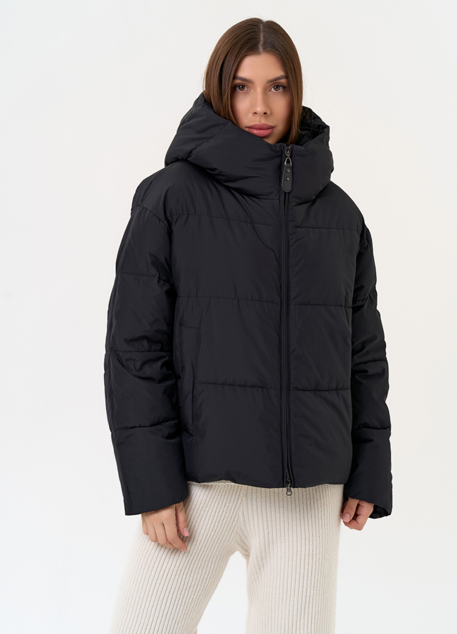 Женский пуховик черного цвета с капюшоном модель № 31586 универмаг малина