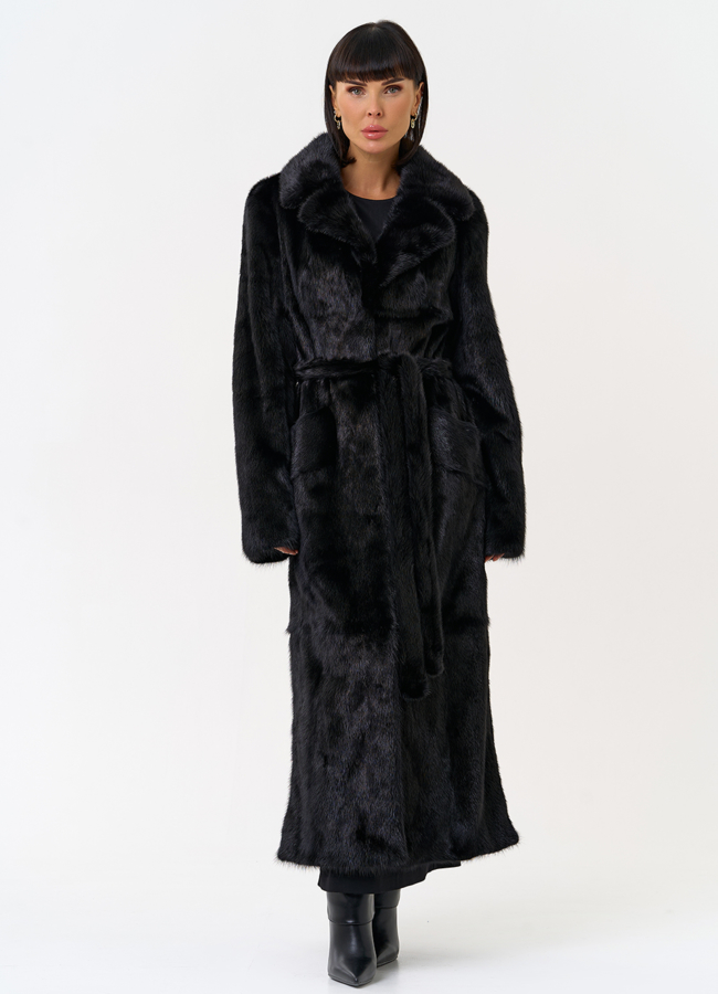фото Длинная шуба из меха норки в черном цвете модель № 28080